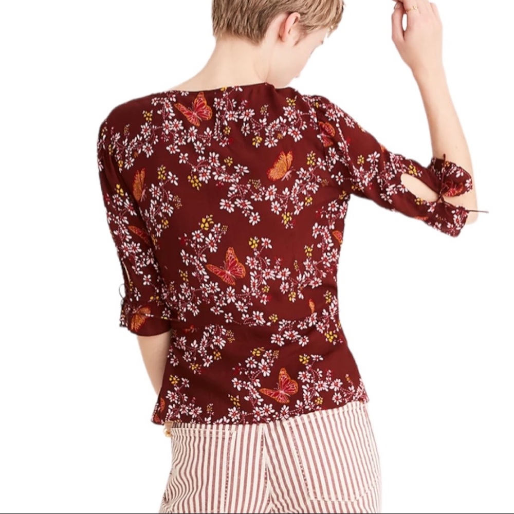 Madewell Tie-Sleeve Brick Red Wrap Top in Butterfly Sanctuary with Tie Sleeves - Picture 6 of 16